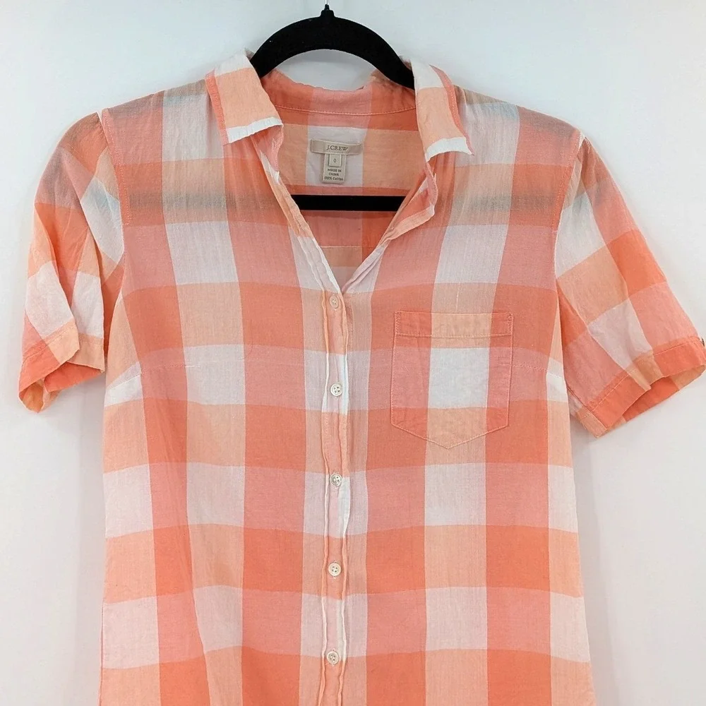 J.Crew Womens Size 0 Coral White Gingham Check Cotton Button Up Shirt Preppy